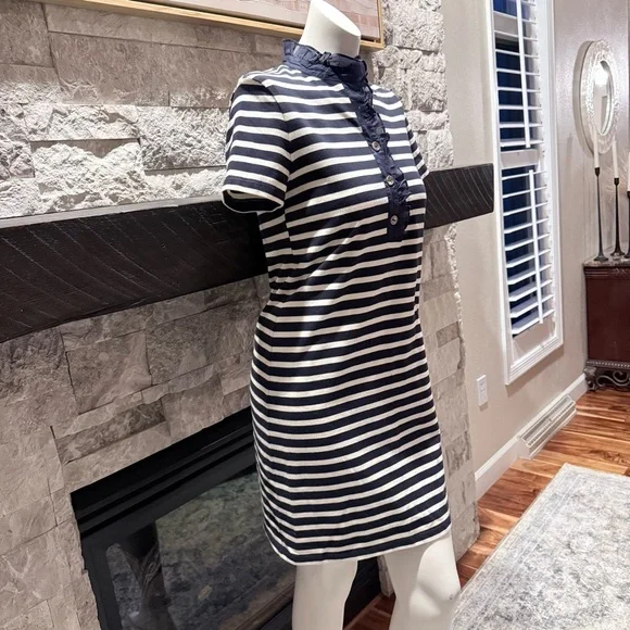 Tory Burch Navy Stripe Knit Dress Ruffle Collar Size small Breton Style - Picture 3 of 9